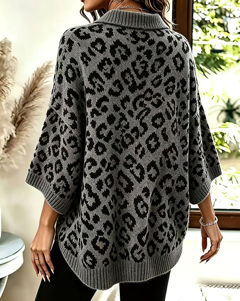 Collared V-Neck Leopard Print Half-Sleeve Sweater Pullover