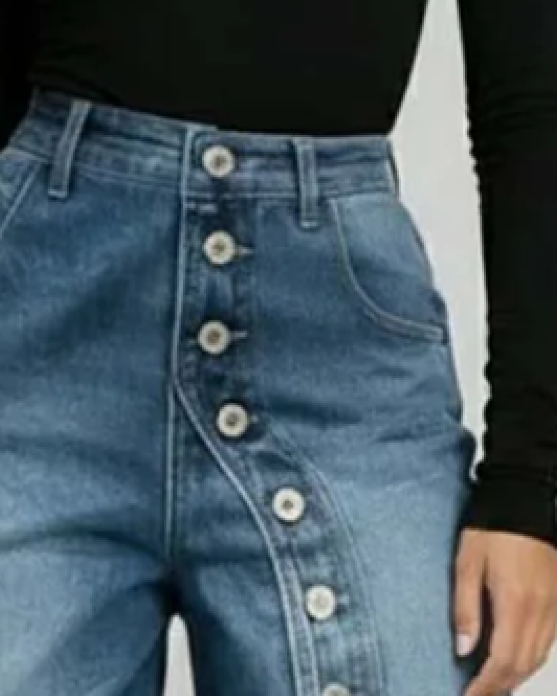 Diagonal Button High-Waisted Denim Shorts