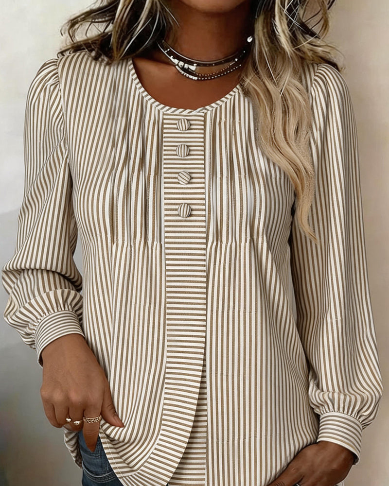 Crew Neck Button Front Stripe Puff Sleeve Blouse