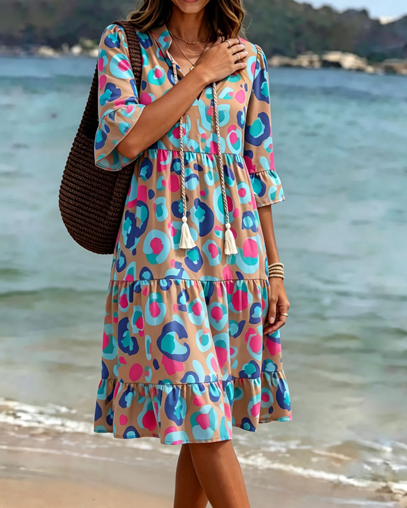 Colorful Print Fringe V-Neck Resort Dress