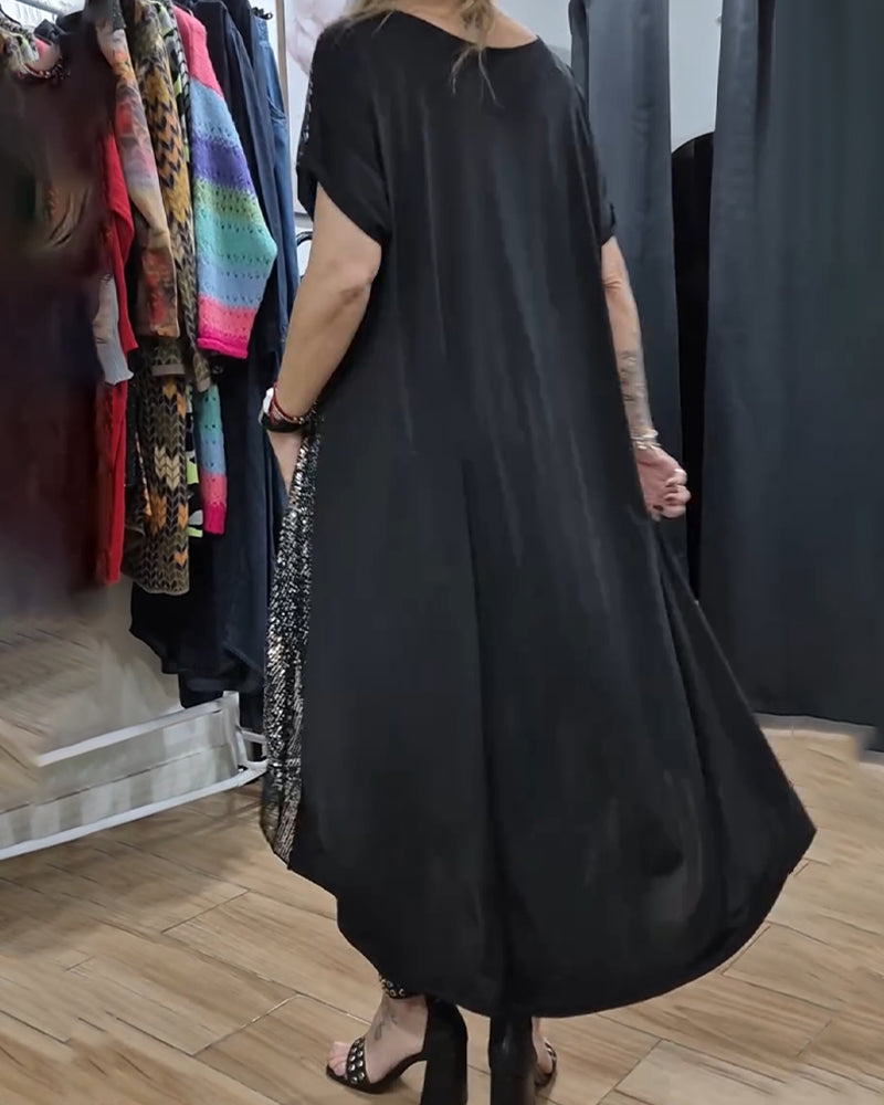 Round Neck Slit Sequined Long T-Shirt