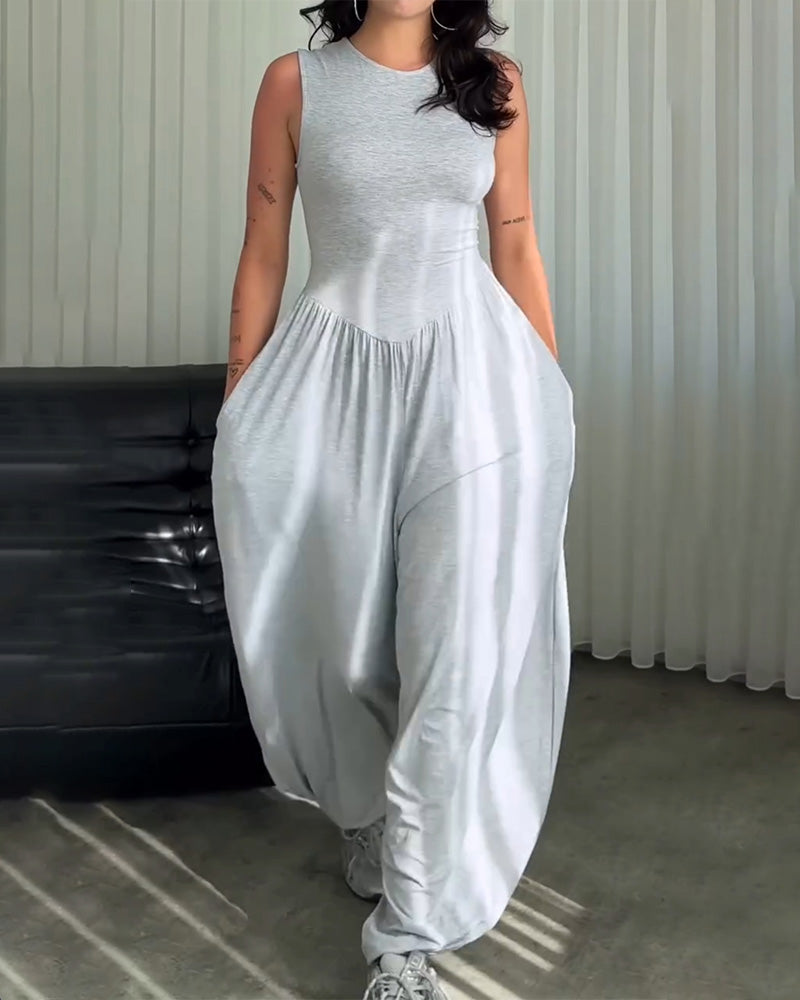 Round Neck Sleeveless Slim Fit Wide Leg Jumpsuit