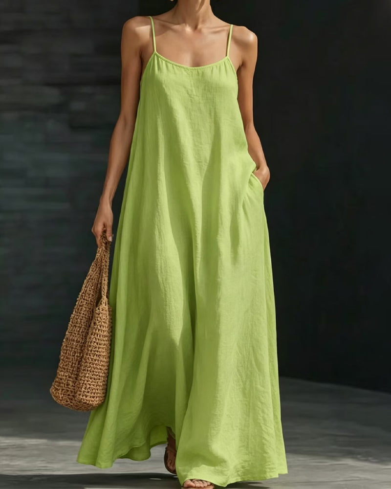 Solid Color Spaghetti Straps Pocket Long Dress