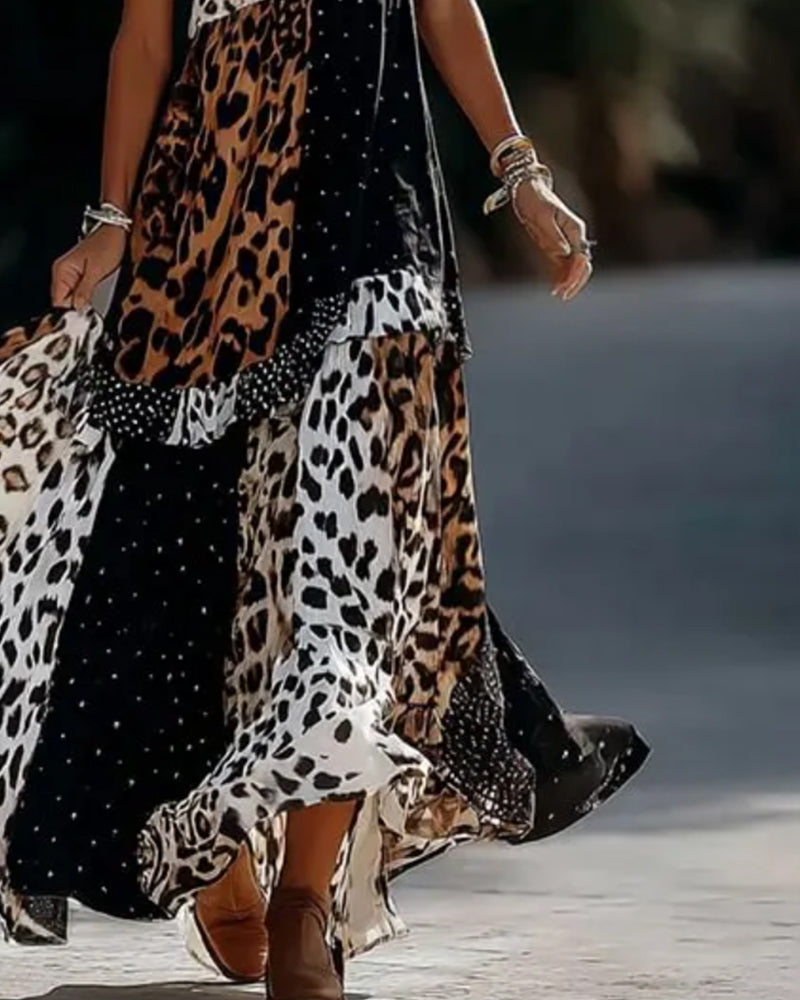 V-Neck Leopard Polka Dot Ruffle Dress