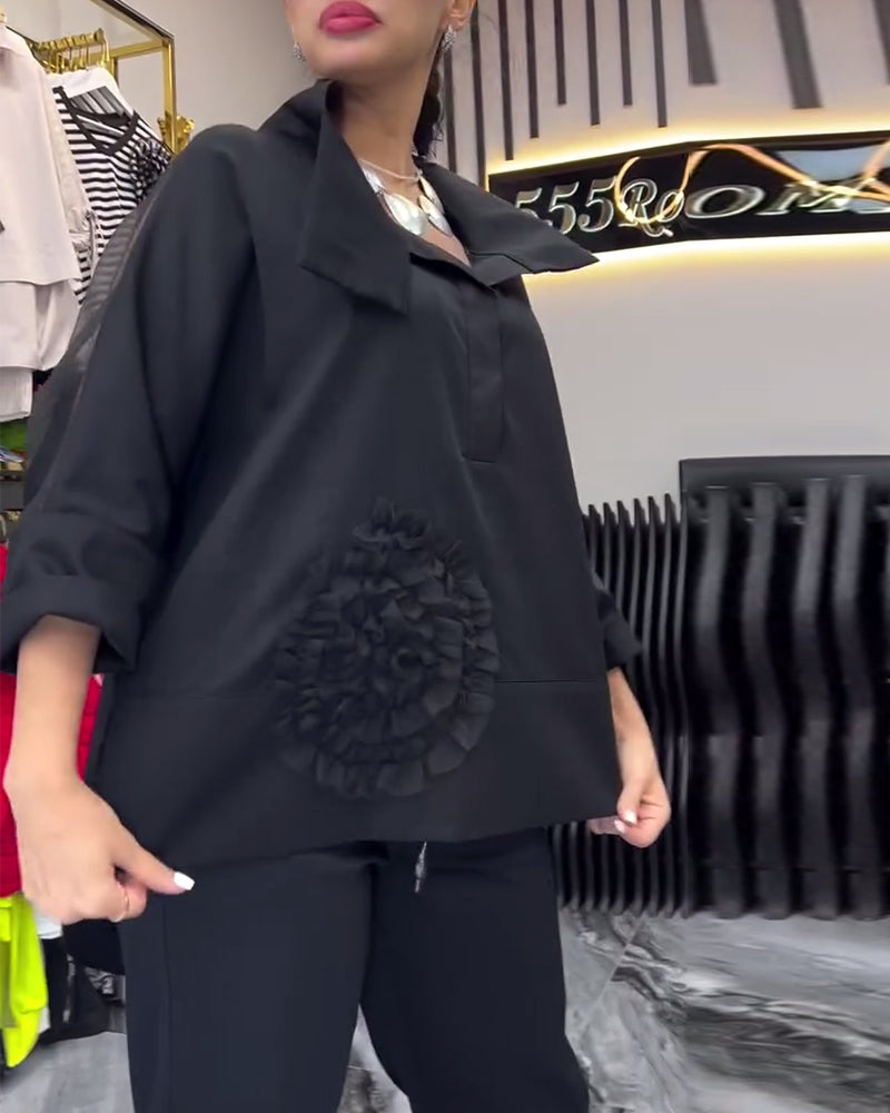 Lapel lace stitching flower blouse