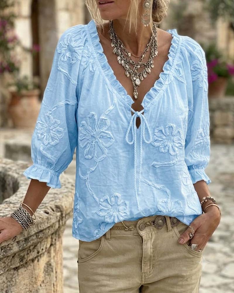 100% Cotton V-Neck Wrap Tie Ruffled Blouse