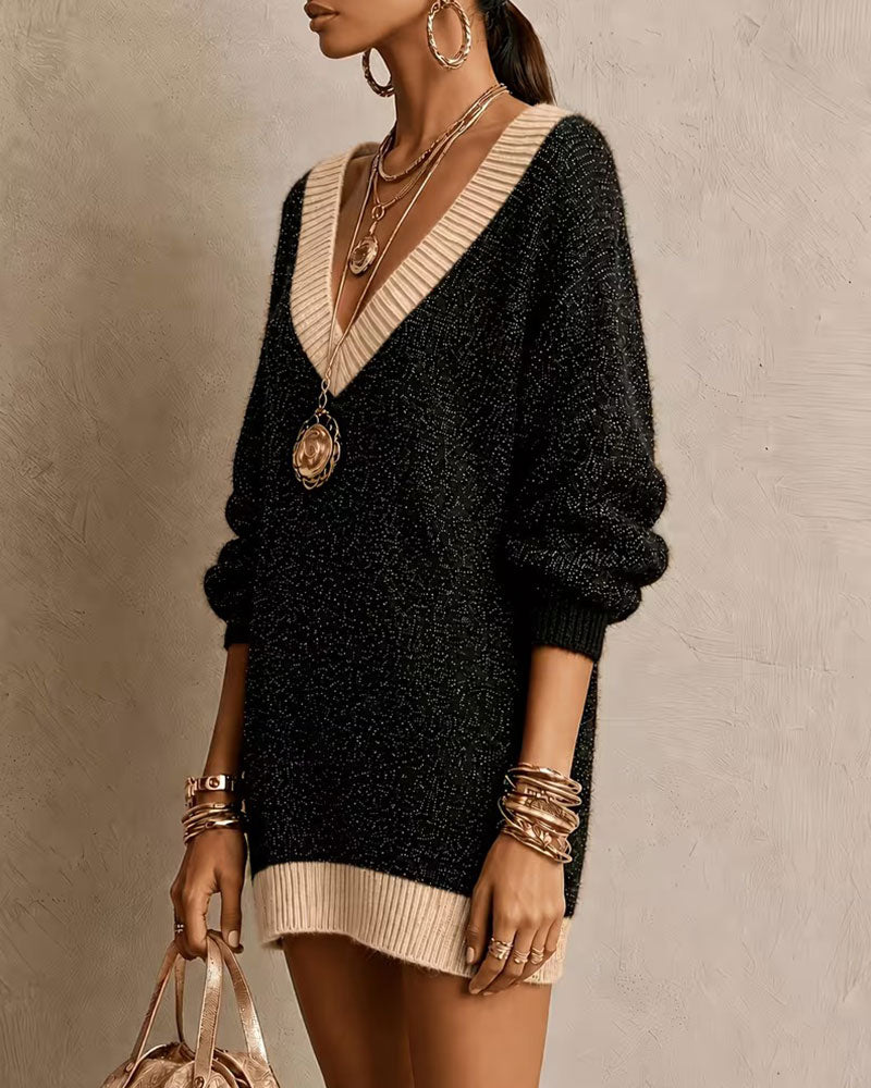 V-neck Long-sleeved Loose Knit Sweater Dress