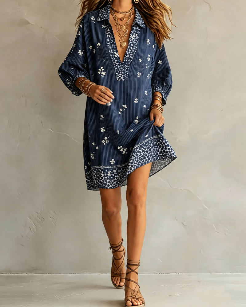 Three-Quarter Lantern Sleeve Print Dress