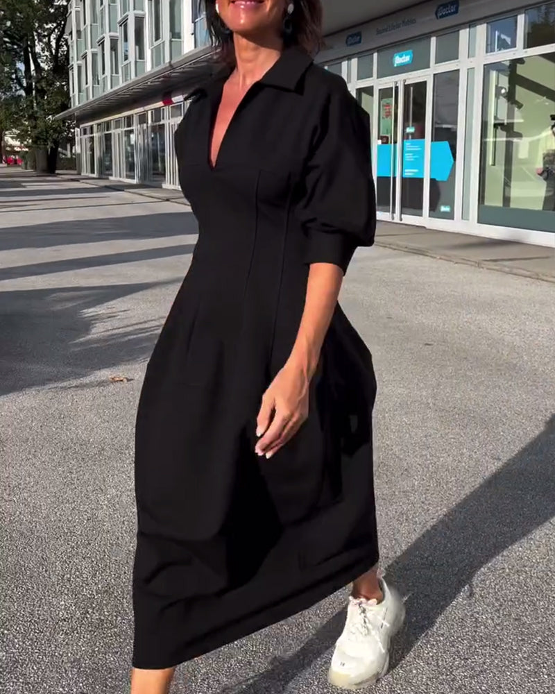 Lapel solid color casual dress