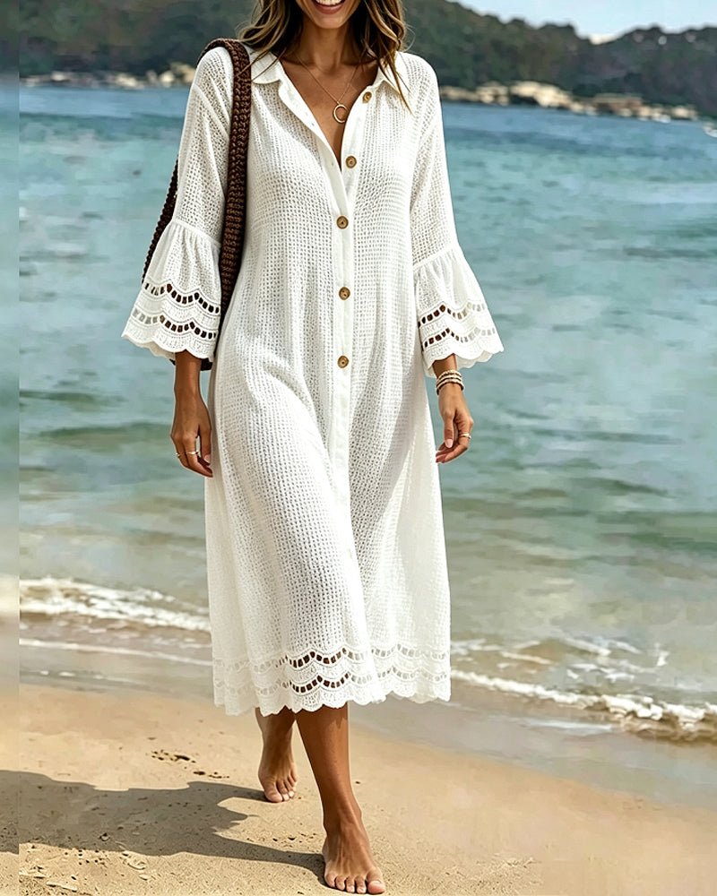 Shirt Collar Button Lace Patchwork Dress
