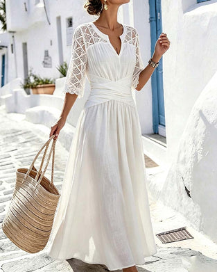 V-Neck Crossover Lace Panel Dress