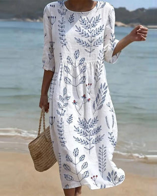 Short Sleeve Crew Neck Leaf Print Dress