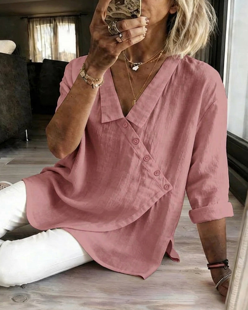 Asymmetrical Diagonal-Placket Collared Blouse