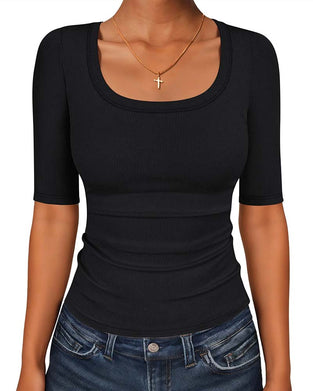 Slim Fit U-Neck Half-Sleeve T-Shirt