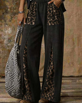 Leopard Print Wide-Leg Patchwork Casual Pants