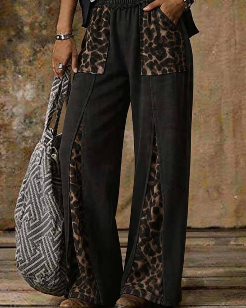 Leopard Print Wide-Leg Patchwork Casual Pants