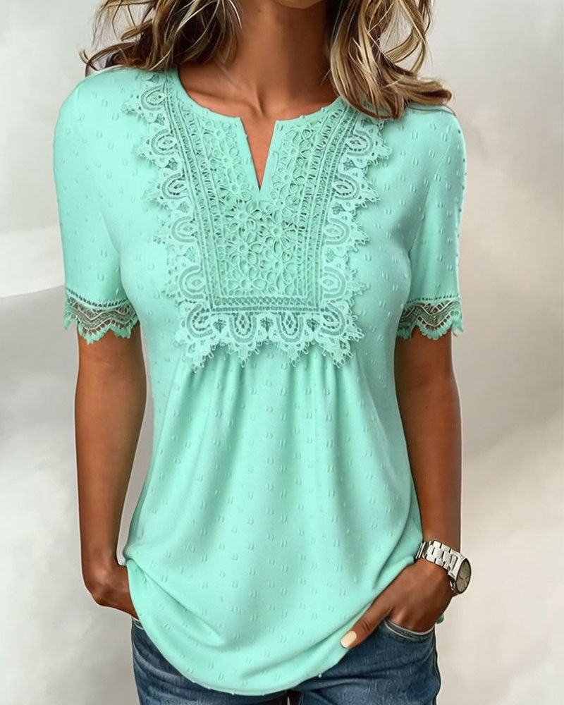V-Neck Partial Opening Lace Patchwork T-Shirt