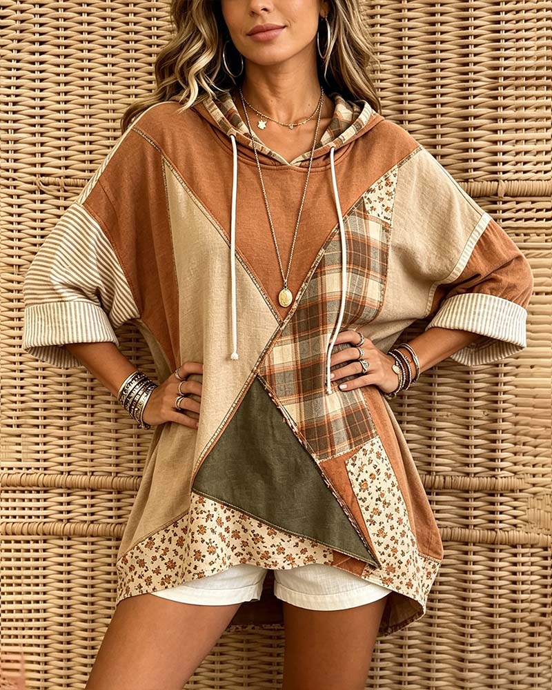 Plaid Stripe Floral Patchwork Hoodie