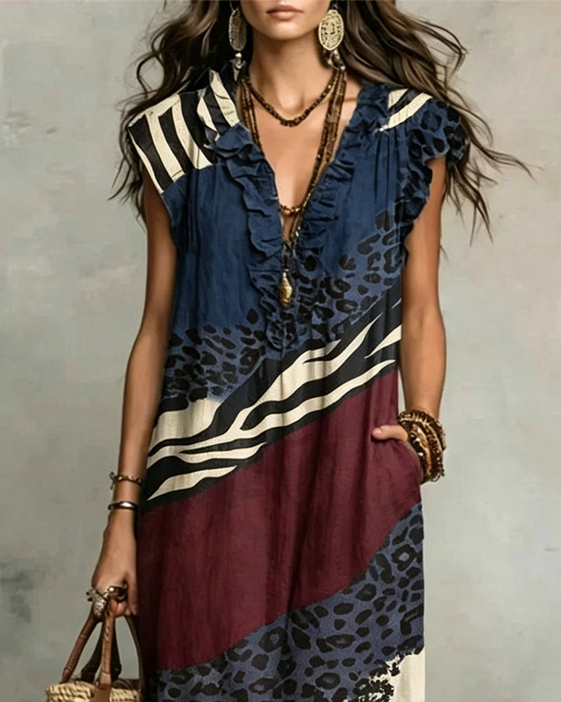 V-Neck Ruffle Pattern Patchwork Dress