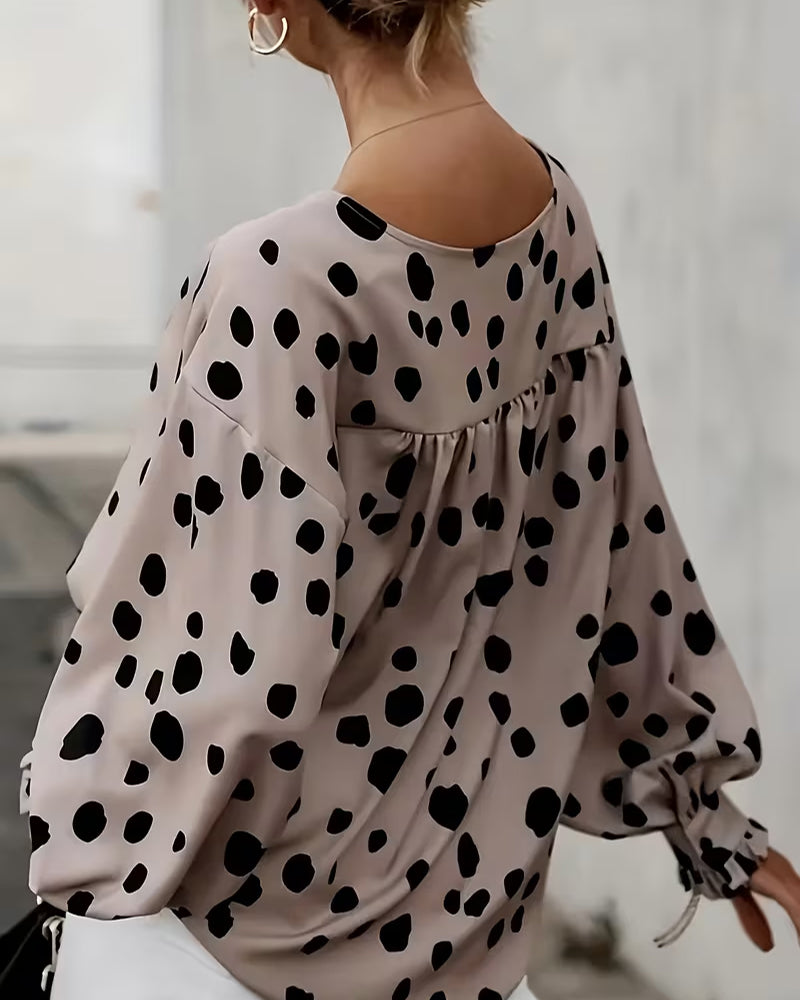 V-Neck Polka-Dot Puff Sleeve Blouse
