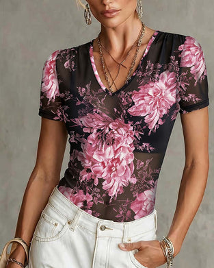 V-Neck Floral Short Sleeve T-Shirt