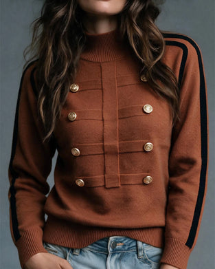 Turtleneck Metal Button Color Block Pullover