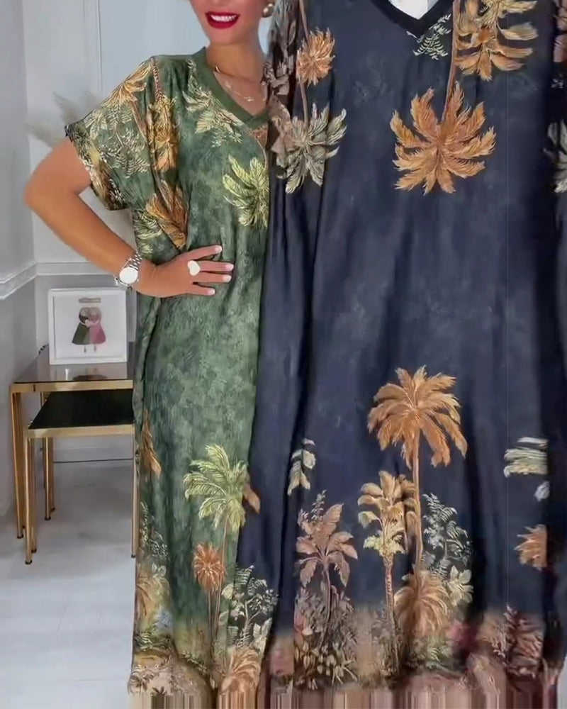 V-Neck Palm Tree Print Short Sleeve Long Dress