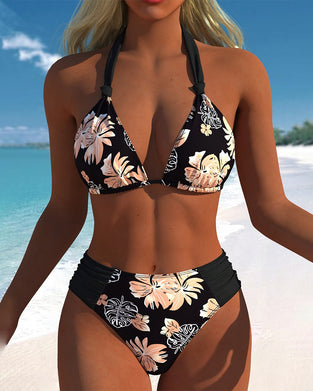 Tropical Floral Halter-Neck Two-Piece Bikini