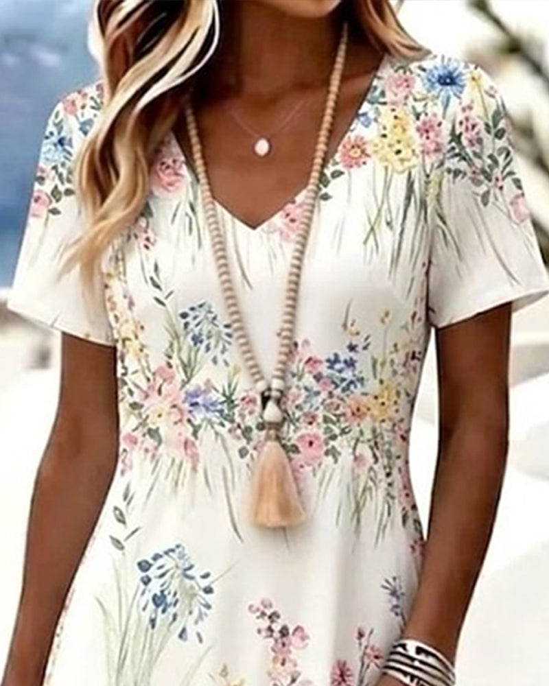V-Neck Floral Short Sleeve A-Line Dress