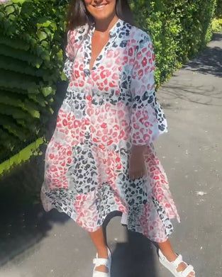 V-neck printed ruffle casual dress