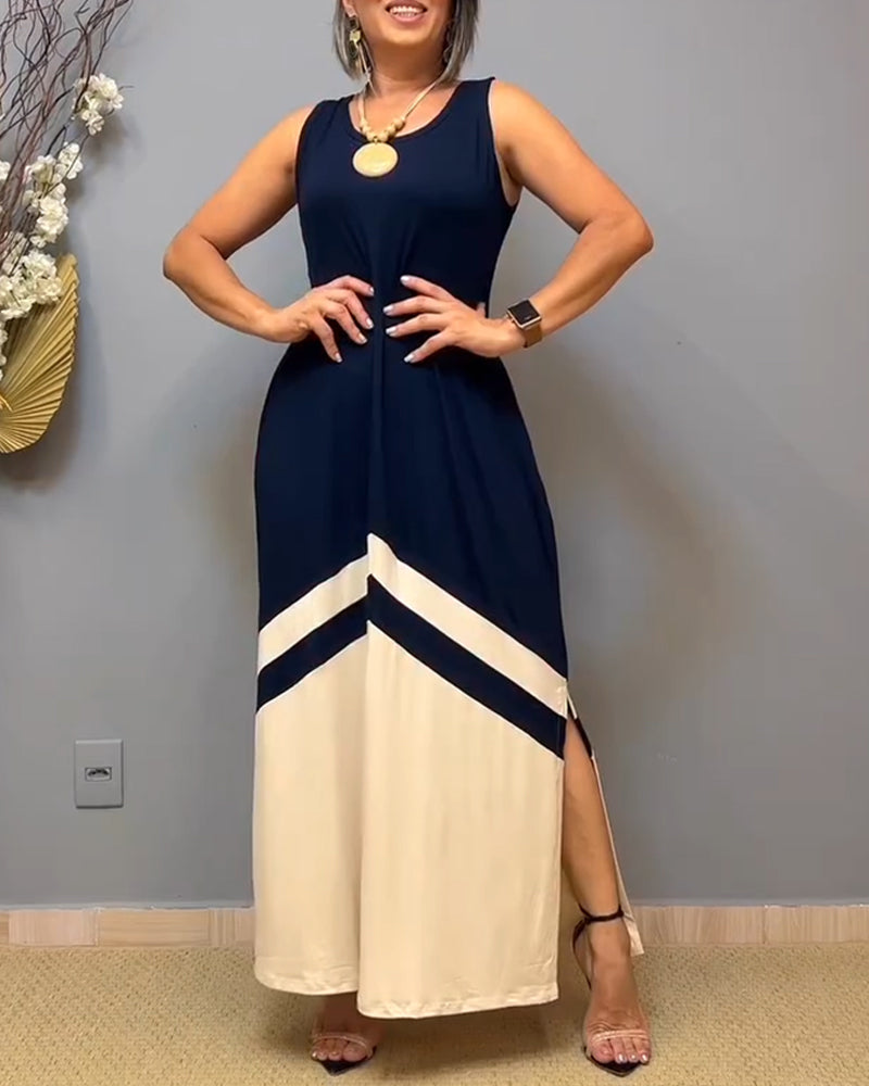 Sleeveless Contrast Color Slit Long Dress
