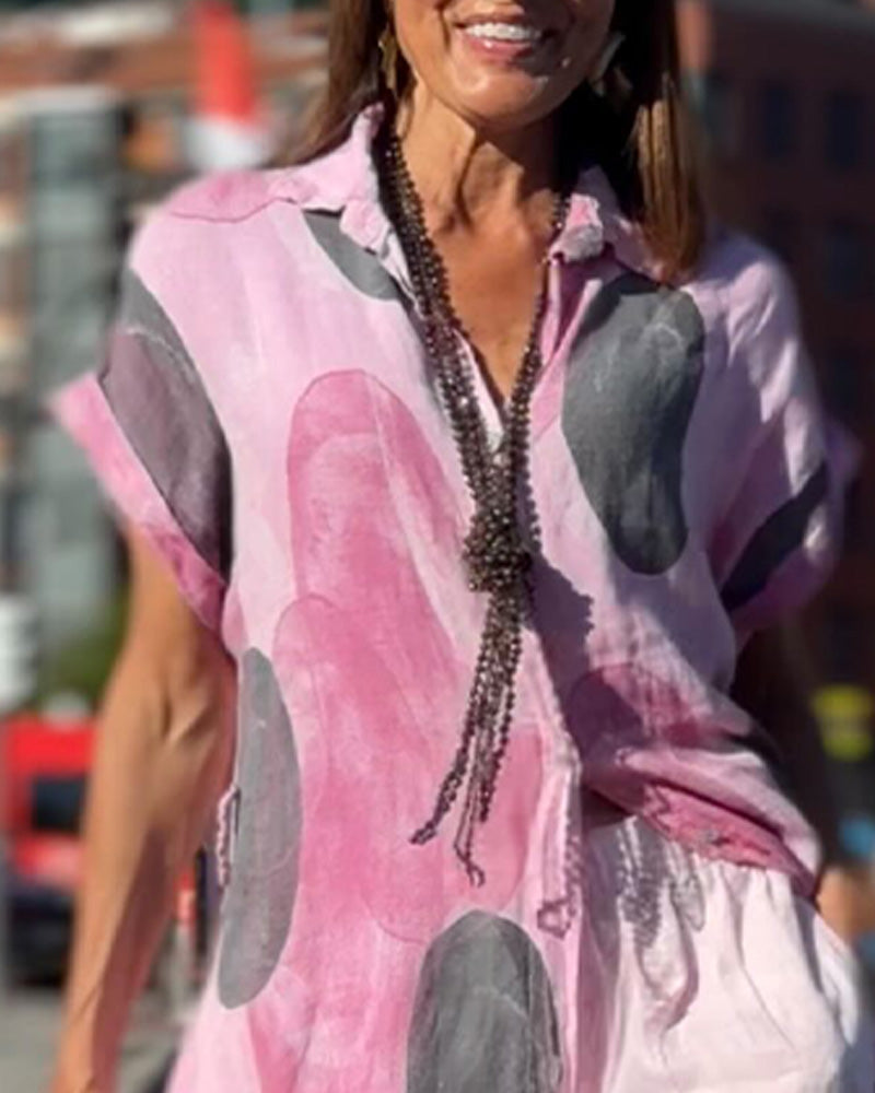 Shirt Collar Polka Dot Contrast Slit Dress