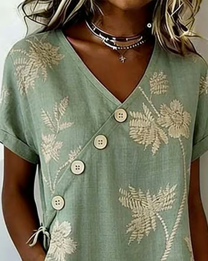 Diagonal Button Print V-Neck Midi Dress