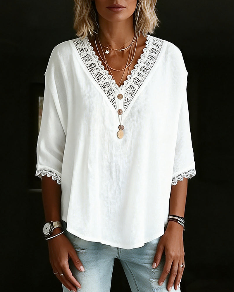 Lace V-Neck Three-Quarter Sleeve Blouse
