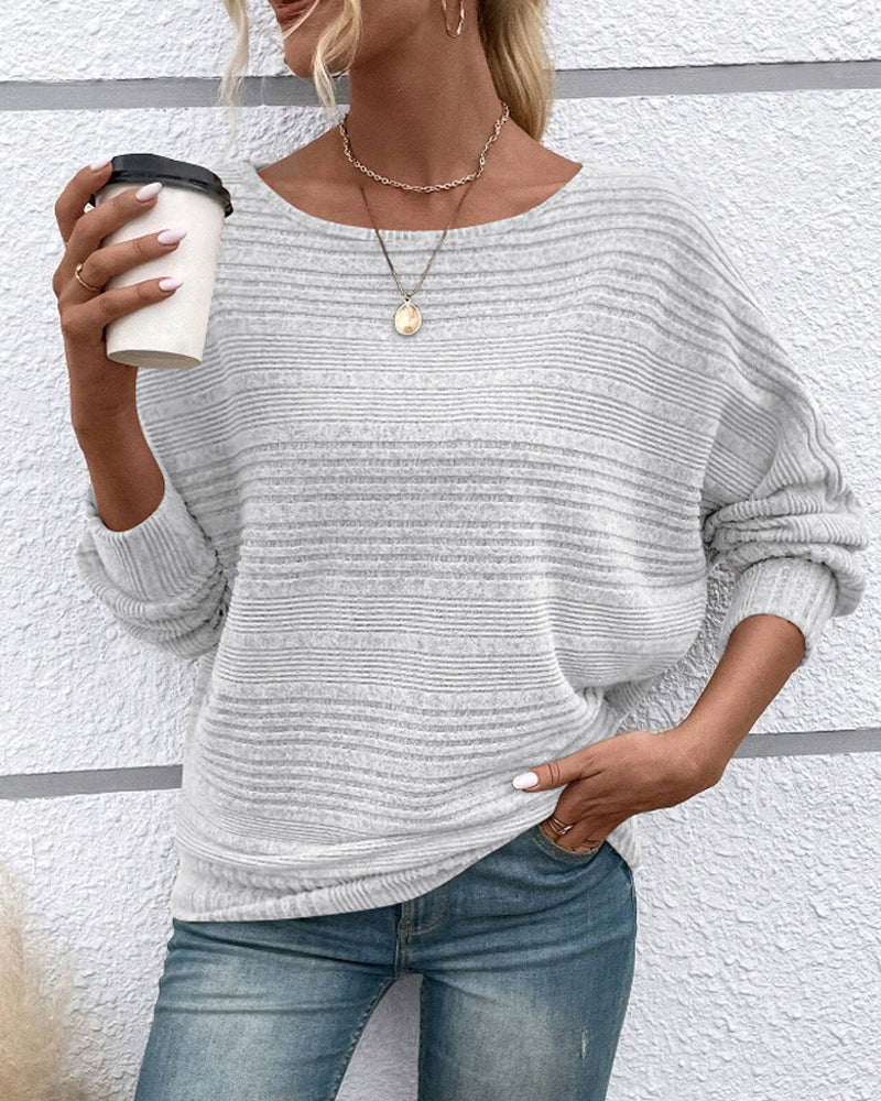 Solid Color Round Neck Long Sleeve Striped Top