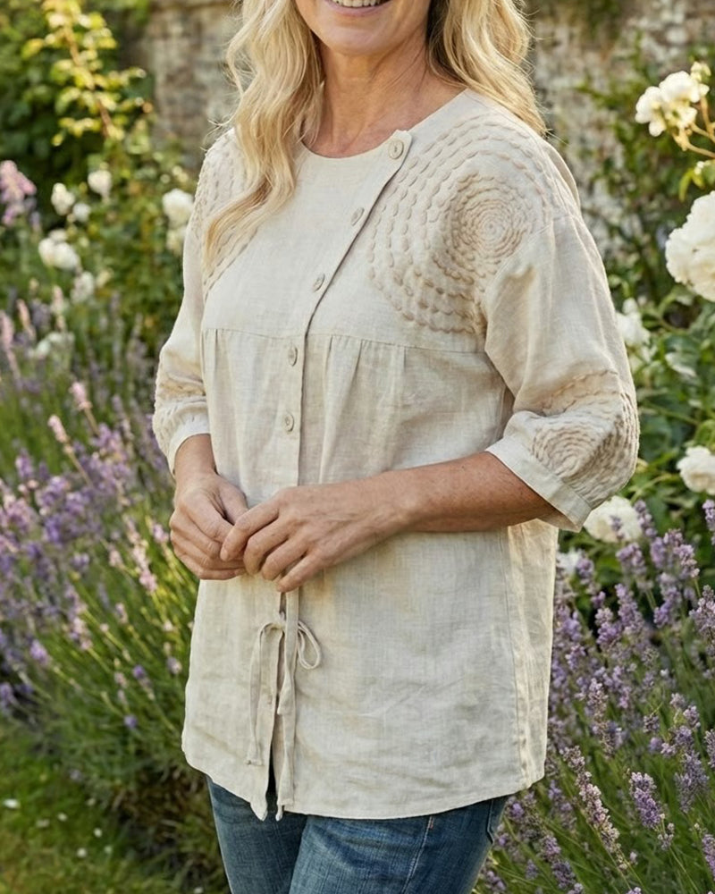 Round-Neck Loose Side-Tie Printed Blouse