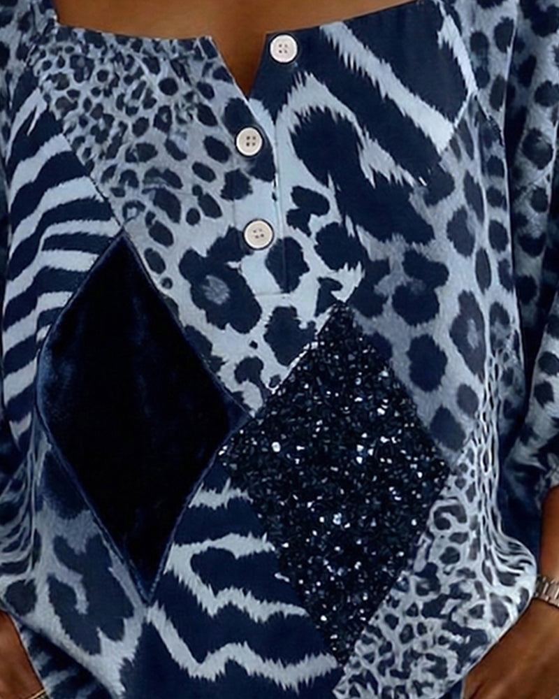 Square Neck Leopard Print Patchwork Sequin Blouse