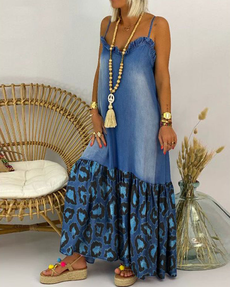 Camisole Ruffled Leopard Print Panel Long Dress