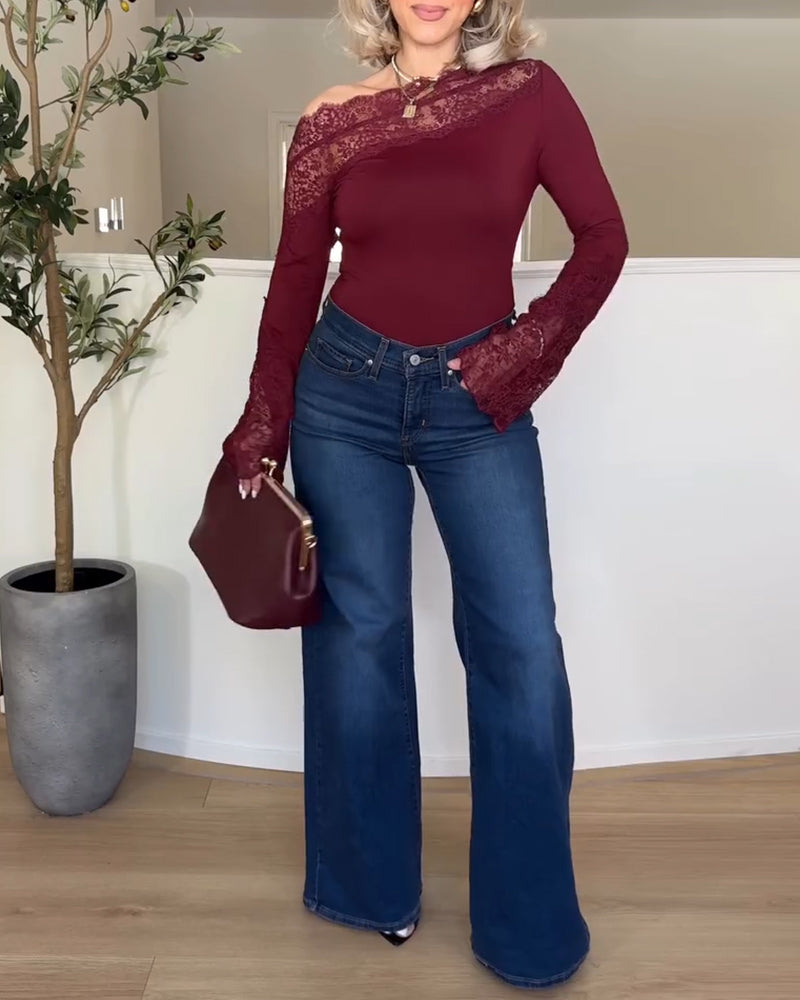 Lace Flare Sleeve Patchwork Top