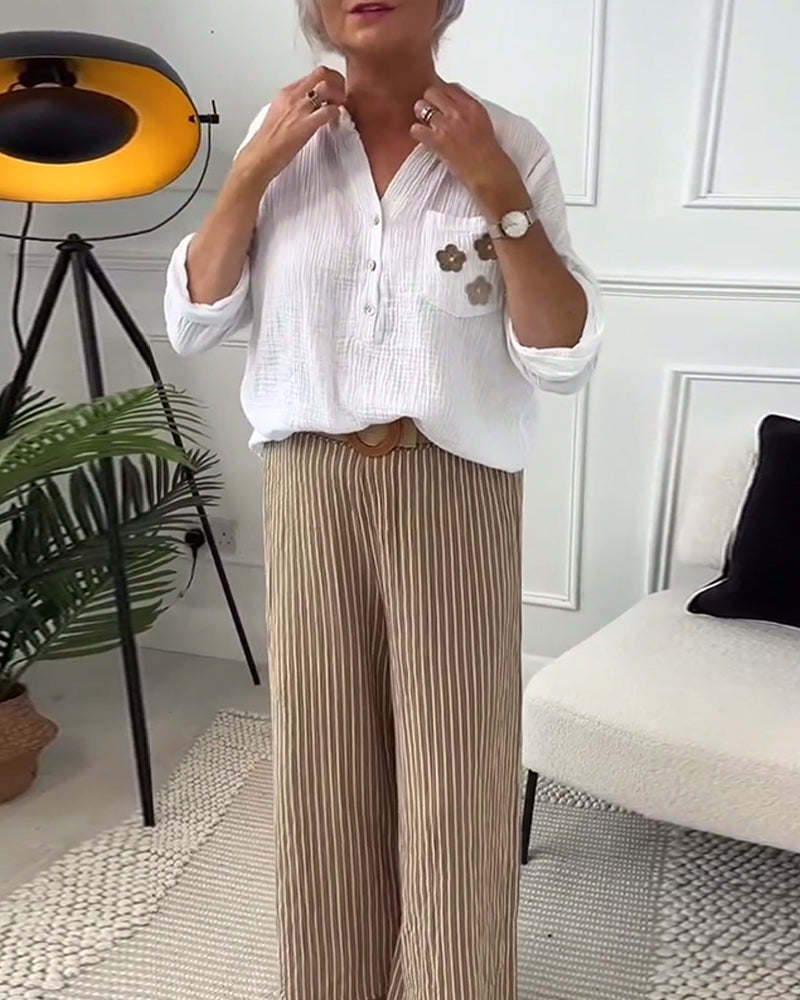 Casual floral print pocket long sleeve blouse