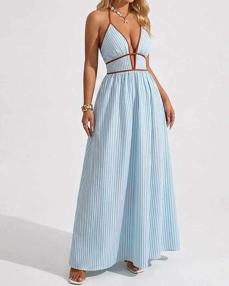 Deep V-Neck Spaghetti Strap Stripe Long Dresses