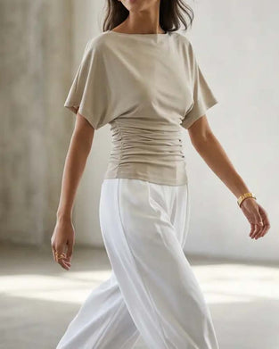 Casual Solid Pleated Short Sleeve Blouse