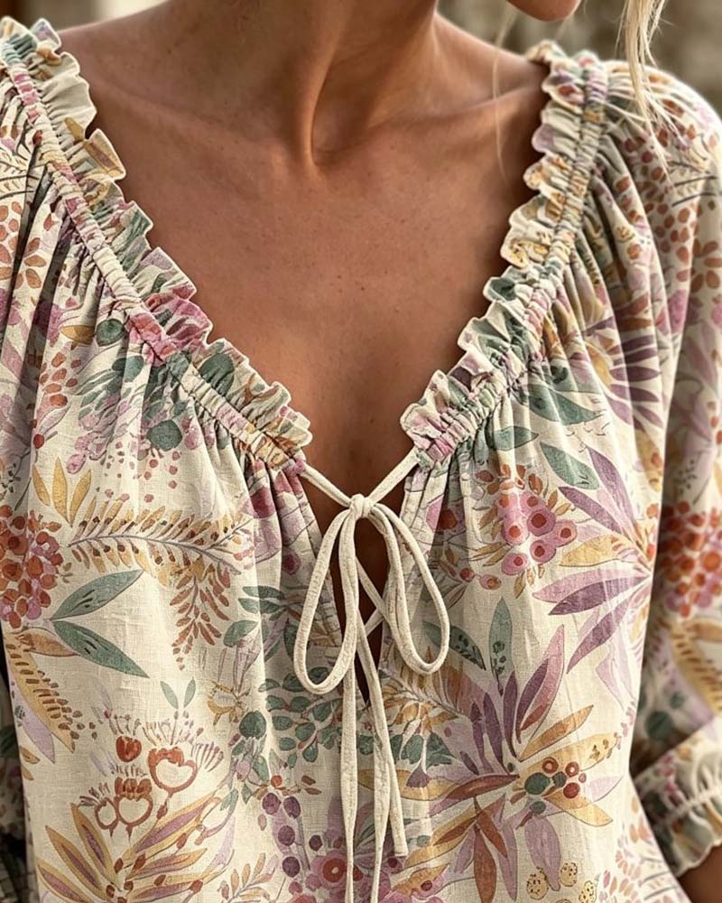V-Neck Lace Up Blouse