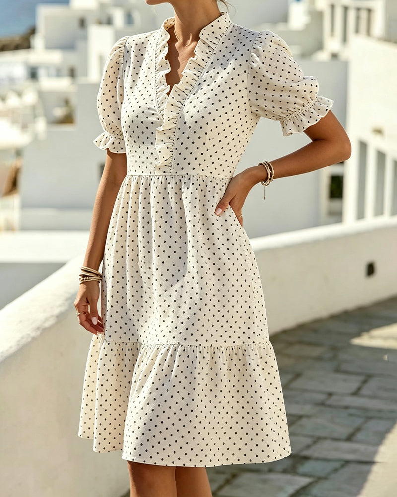 V-Neck Lace Trim Polka Dot Dress