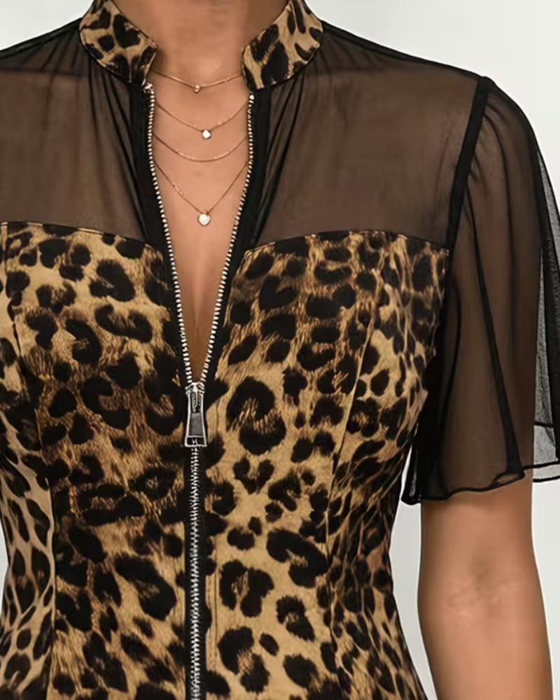 Leopard Patchwork Mandarin Collar Zip Blouse