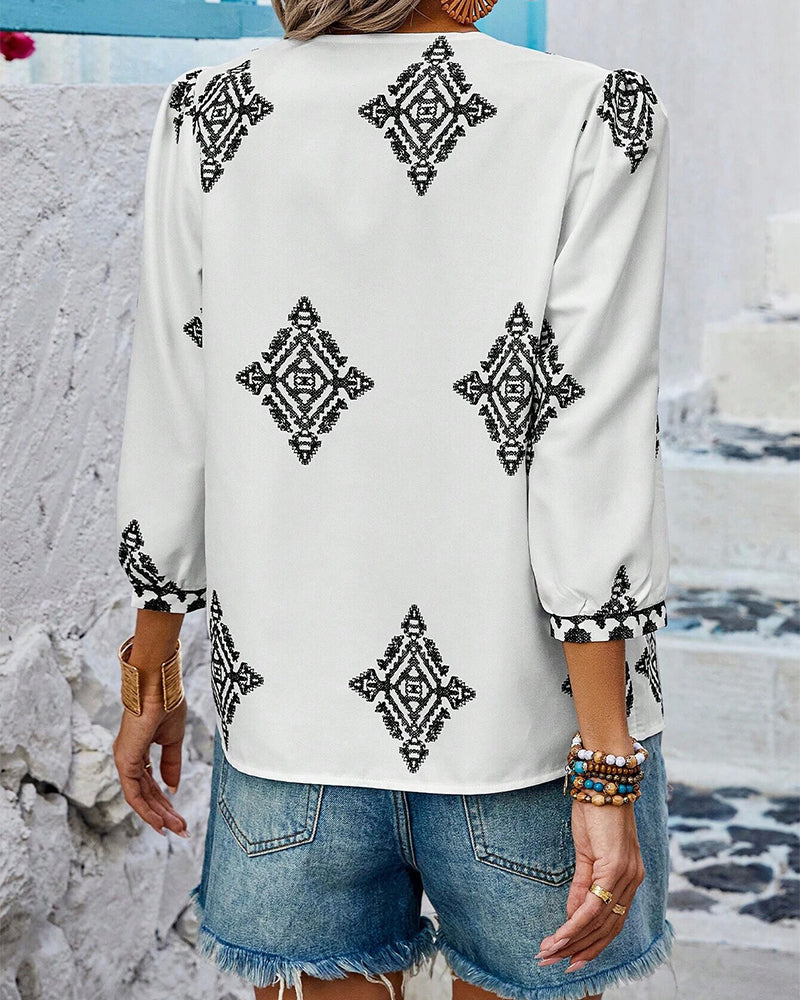 V-Neck Diamond Print Three-Quarter Sleeve Blouse