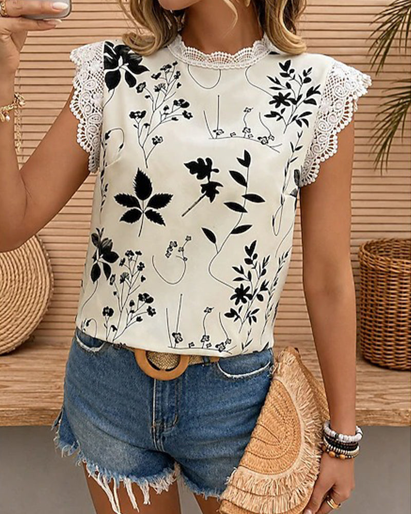 Lace Trim Crew Neck Sleeveless Blouse