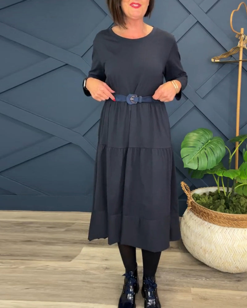Casual solid color round neck patchwork dress