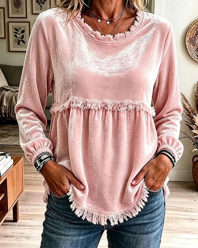 Fringe Smocked Panel Long Sleeve Blouse