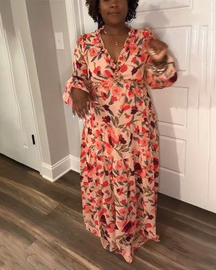 V-Neck Long Sleeve Floral Dress